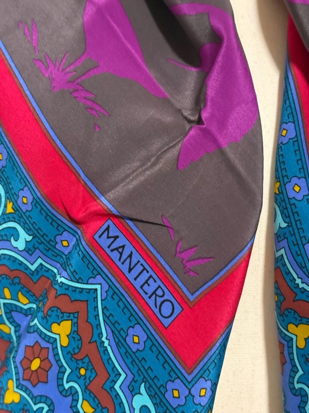 Mantero Multicolor Silk-Feel Square Scarf — Teal, Purple & Red Accents
